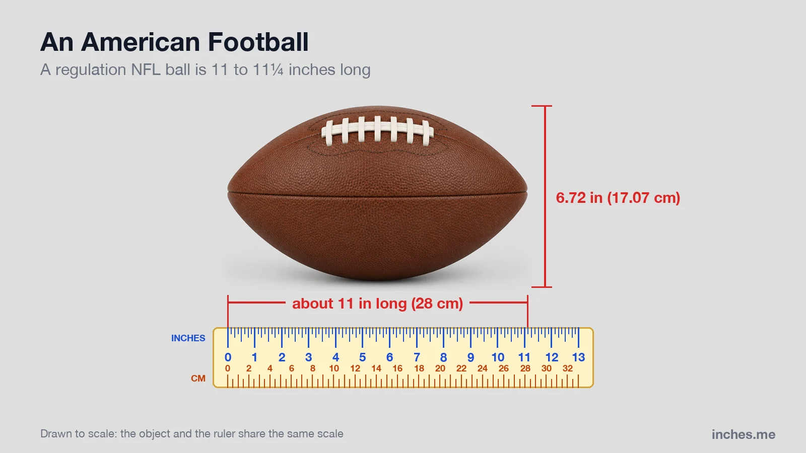 Brown leather American football in side view above a ruler, about 11 inches long