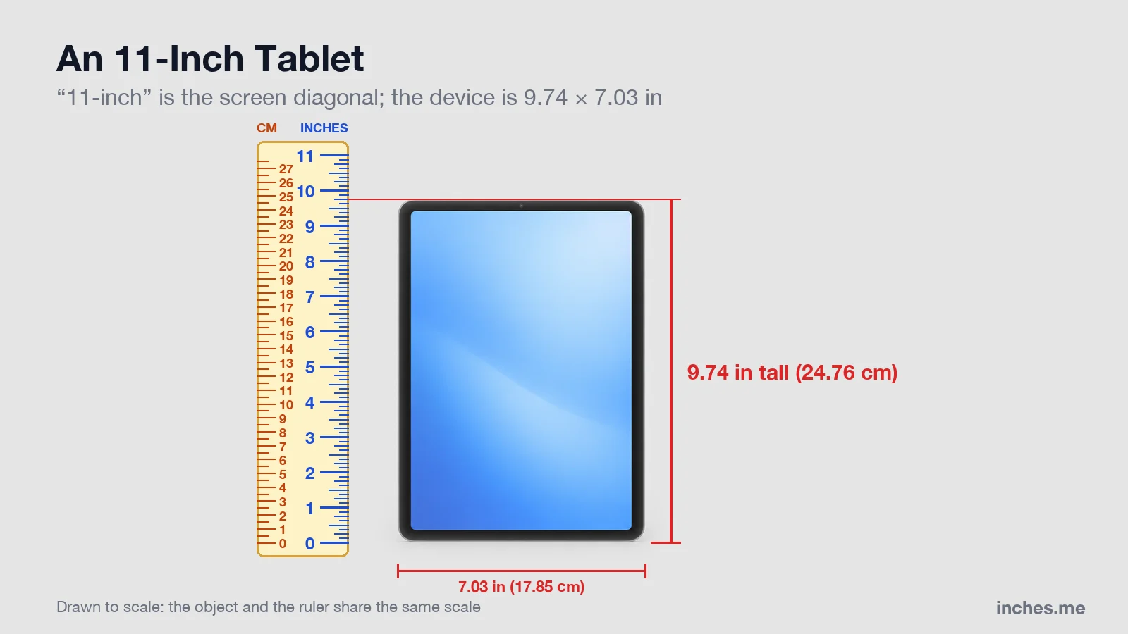 Tablet in portrait orientation next to a ruler, 9.74 inches tall and 7.03 inches wide, the size of an 11-inch iPad Air