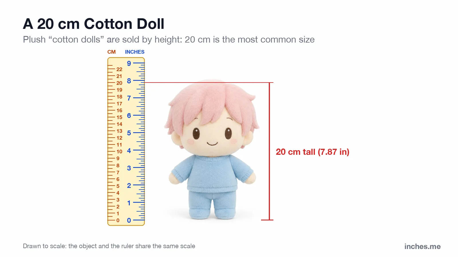 Small plush cotton doll with pink hair and a blue outfit standing next to a ruler, 20 centimeters tall