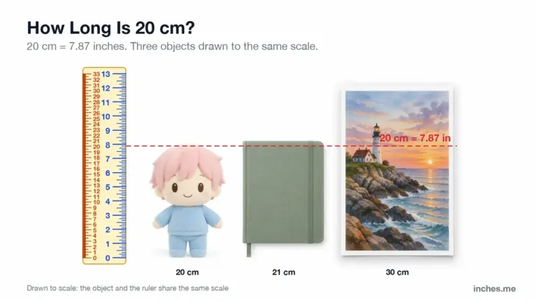 A cotton doll, an A5 notebook and a 20 by 30 cm print next to a ruler, with a line marking 20 centimeters