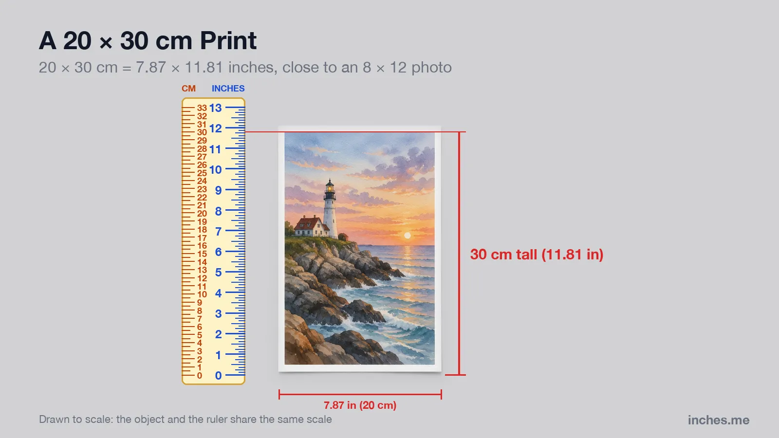 Unframed watercolor art print of a lighthouse next to a ruler, 30 centimeters tall and 20 centimeters wide