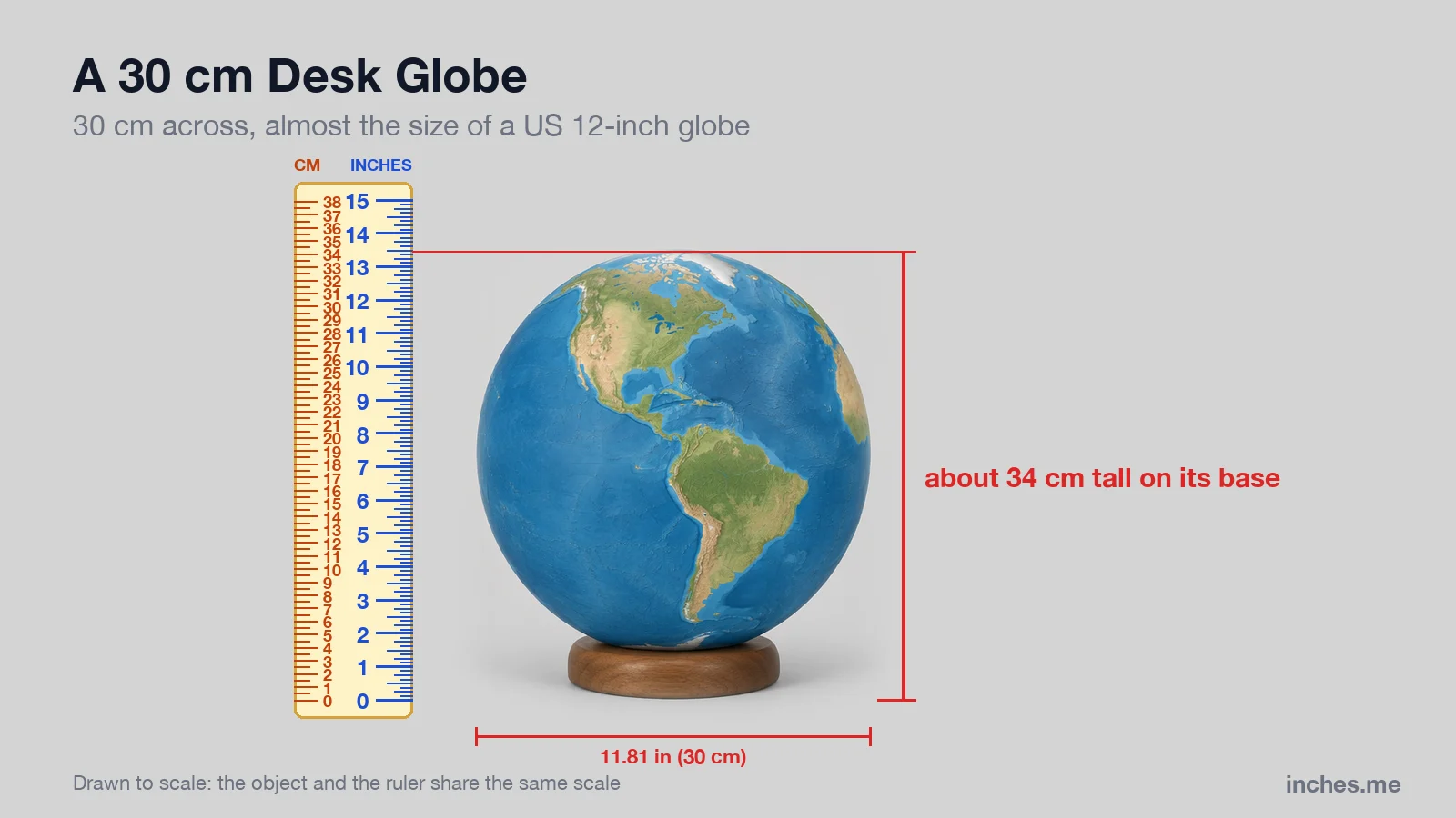 Desk globe showing the Americas on a small wooden base next to a ruler, 30 centimeters across