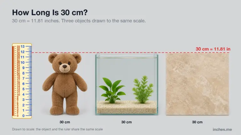 A teddy bear, a cube aquarium and a square floor tile next to a ruler, all reaching a line at 30 centimeters