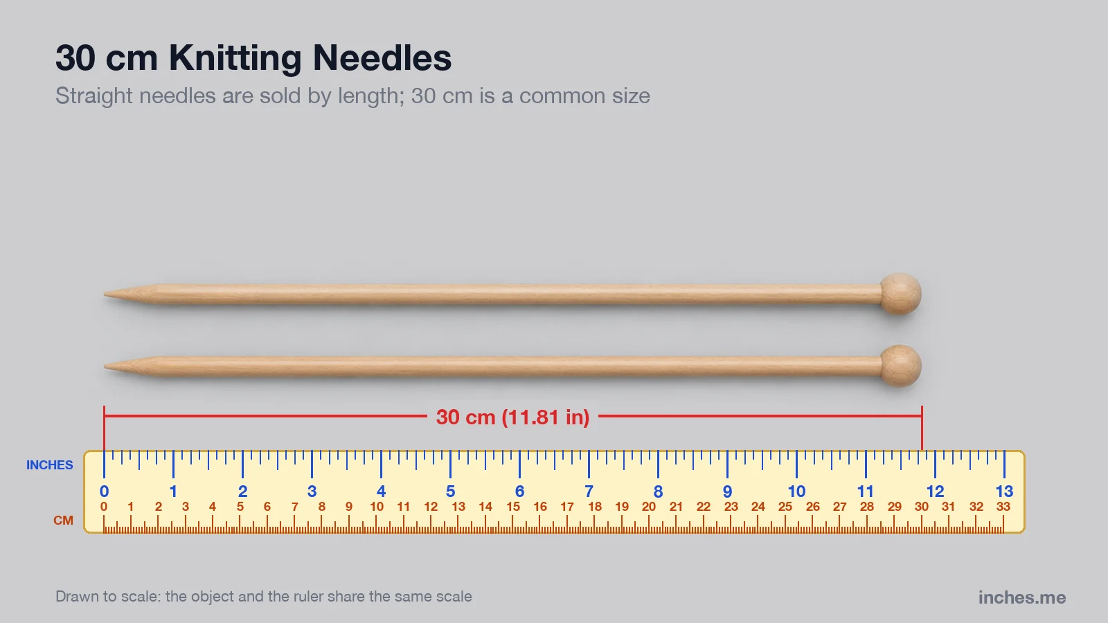 Pair of straight wooden knitting needles lying above a ruler, 30 centimeters long