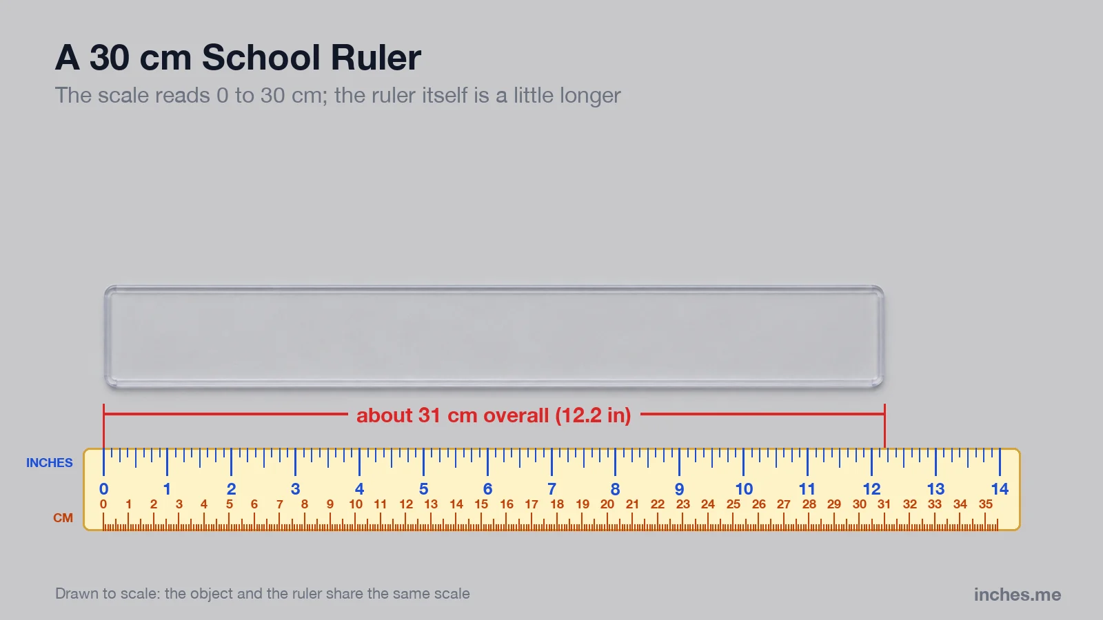 Clear plastic school ruler lying above a scale ruler, about 31 centimeters long overall