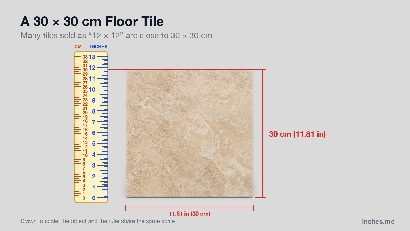 Square beige ceramic floor tile next to a ruler, 30 centimeters on each side