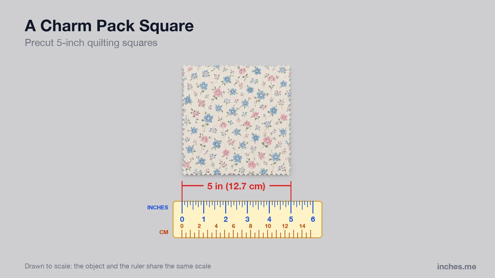 Square of floral quilting fabric with zigzag edges above a ruler, 5 inches wide