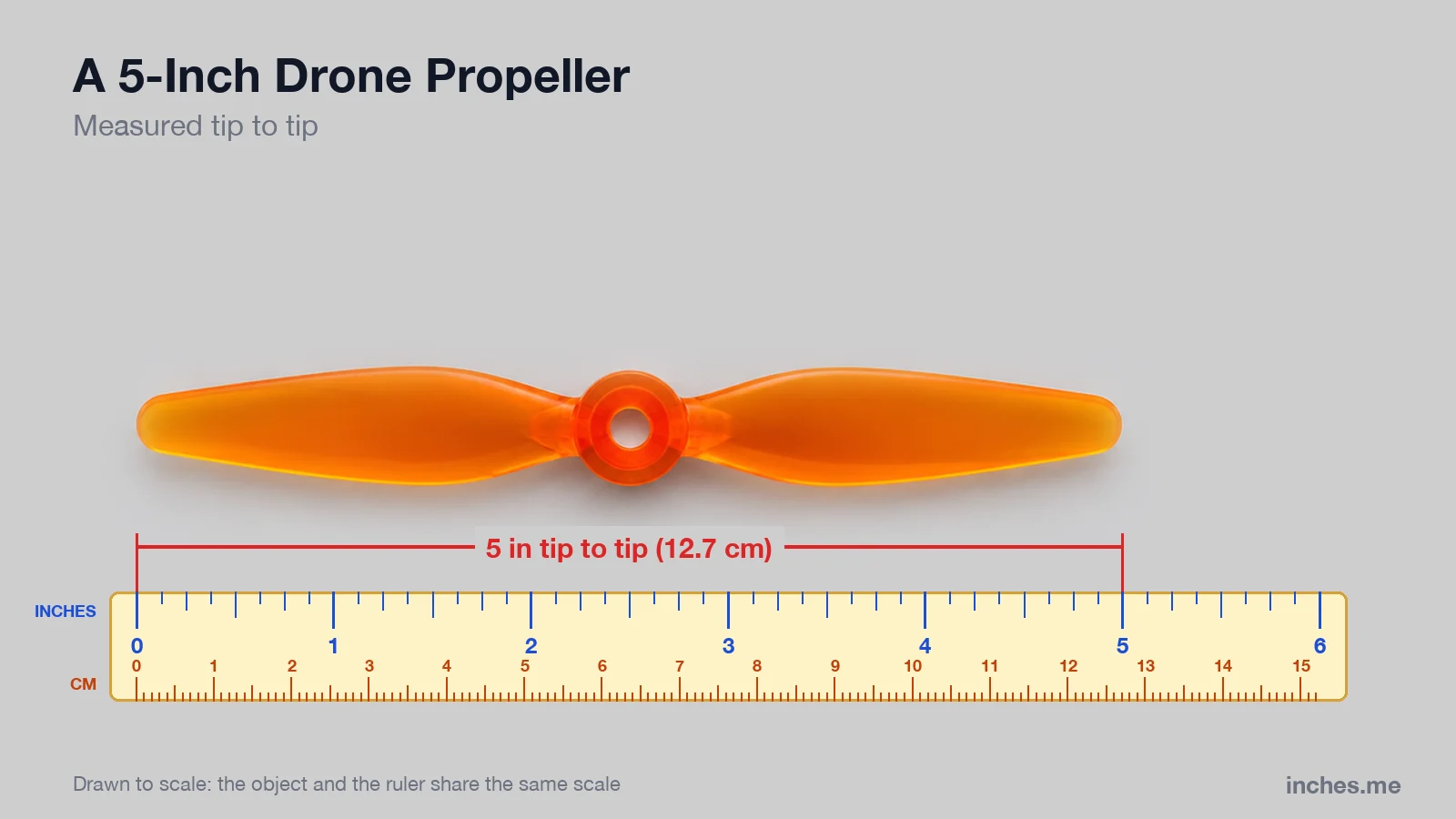 Orange two-blade drone propeller above a ruler, 5 inches from tip to tip