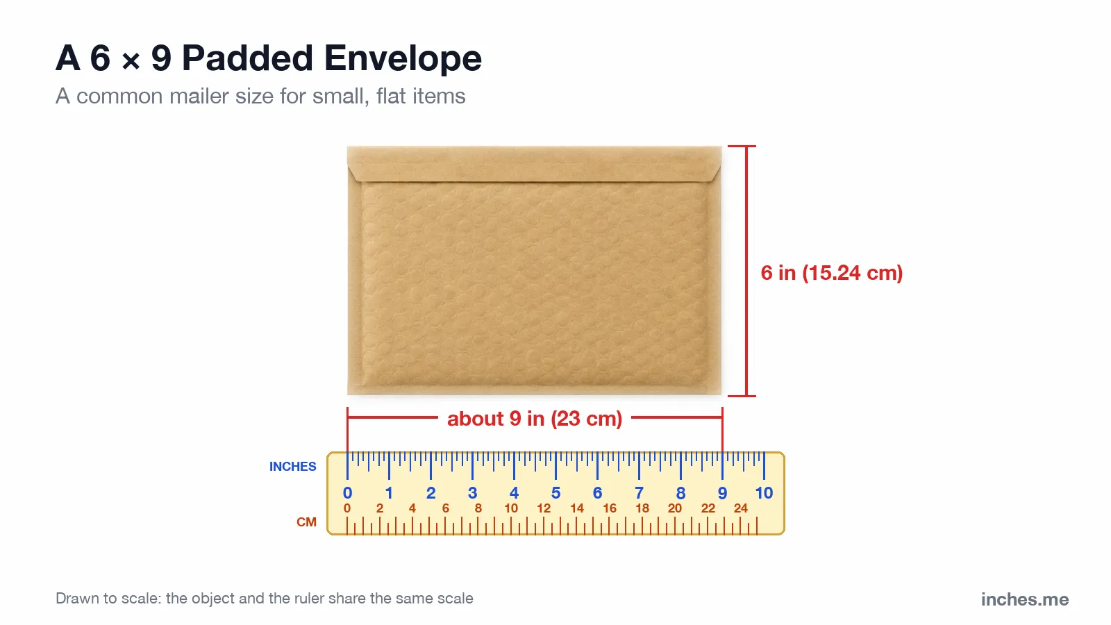 Kraft padded bubble mailer above a ruler, about 9 inches wide and 6 inches tall