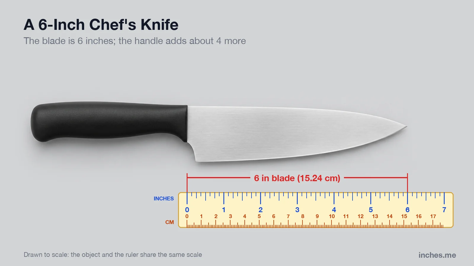 Small chef's knife above a ruler, with the 6-inch blade measured from the handle to the tip