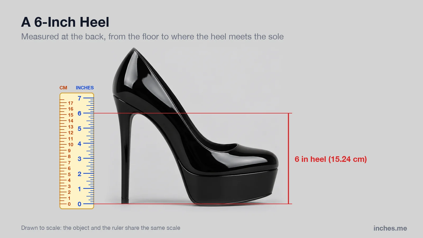 Black platform pump in side view next to a ruler, with its 6-inch stiletto heel measured from the floor