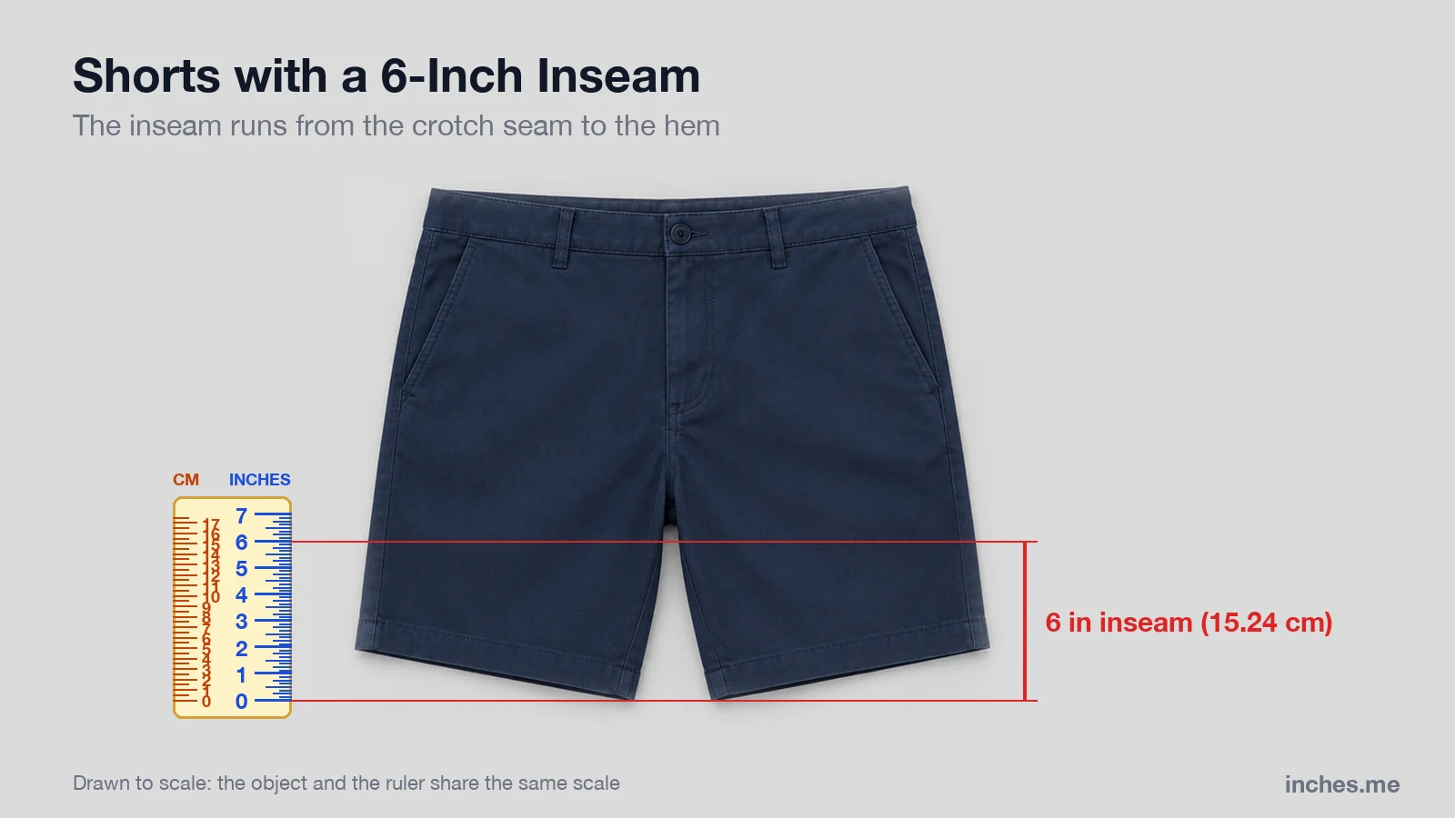 Navy chino shorts laid flat next to a ruler, with the 6-inch inseam measured from the crotch seam to the hem