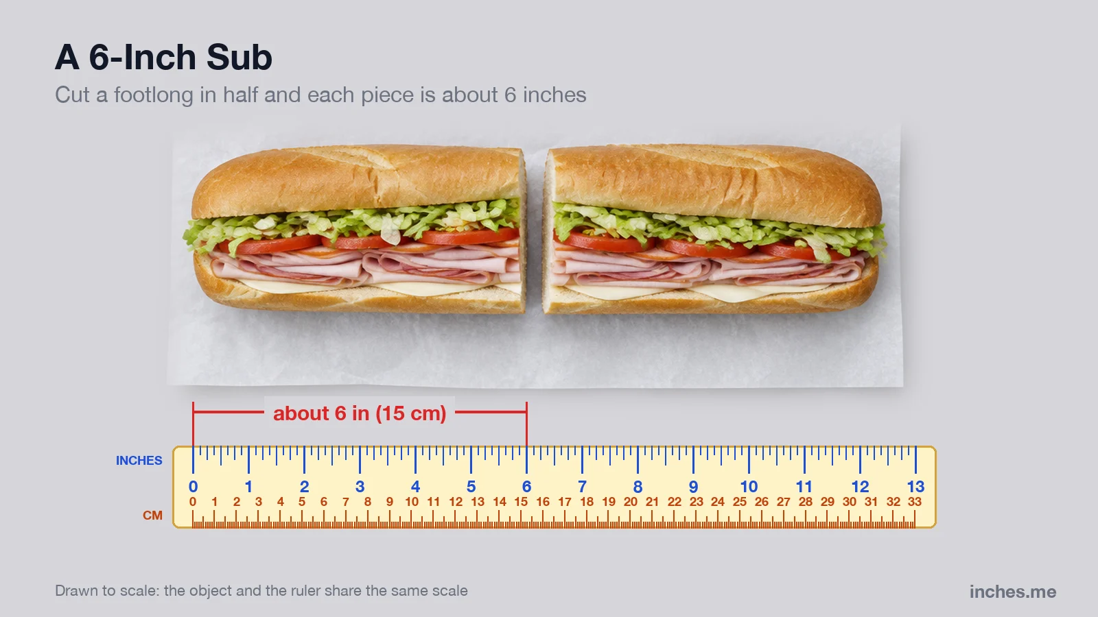 Footlong sub cut into two halves above a ruler; the left half measures about 6 inches