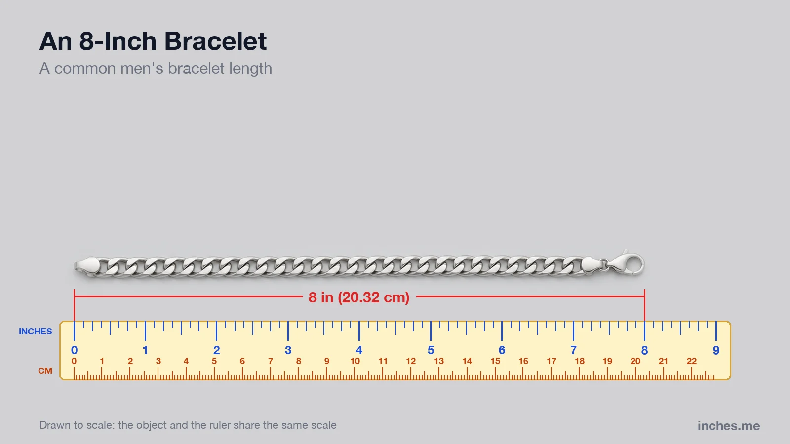 Silver curb chain bracelet laid straight above a ruler, 8 inches long