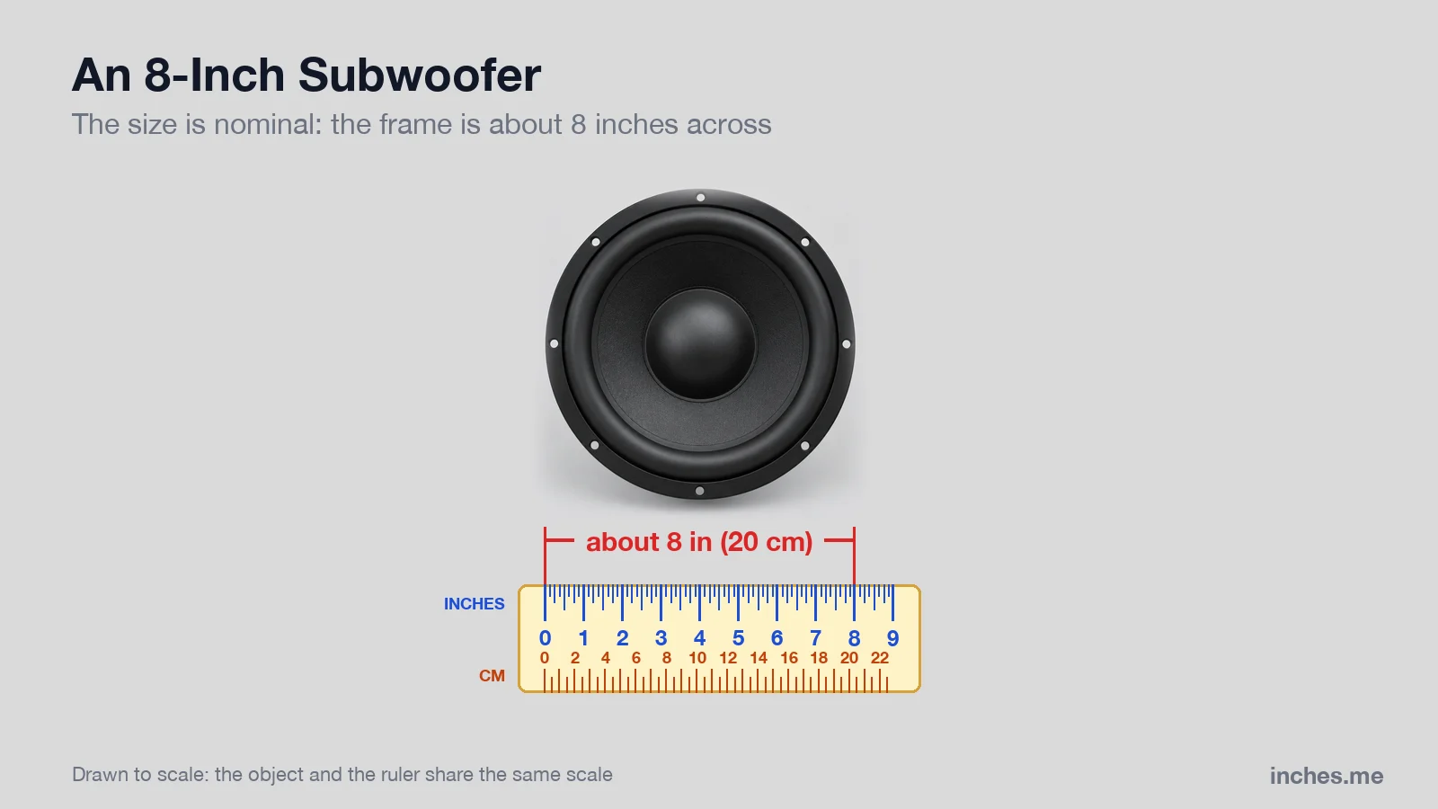 Round black car subwoofer driver above a ruler, about 8 inches across the frame