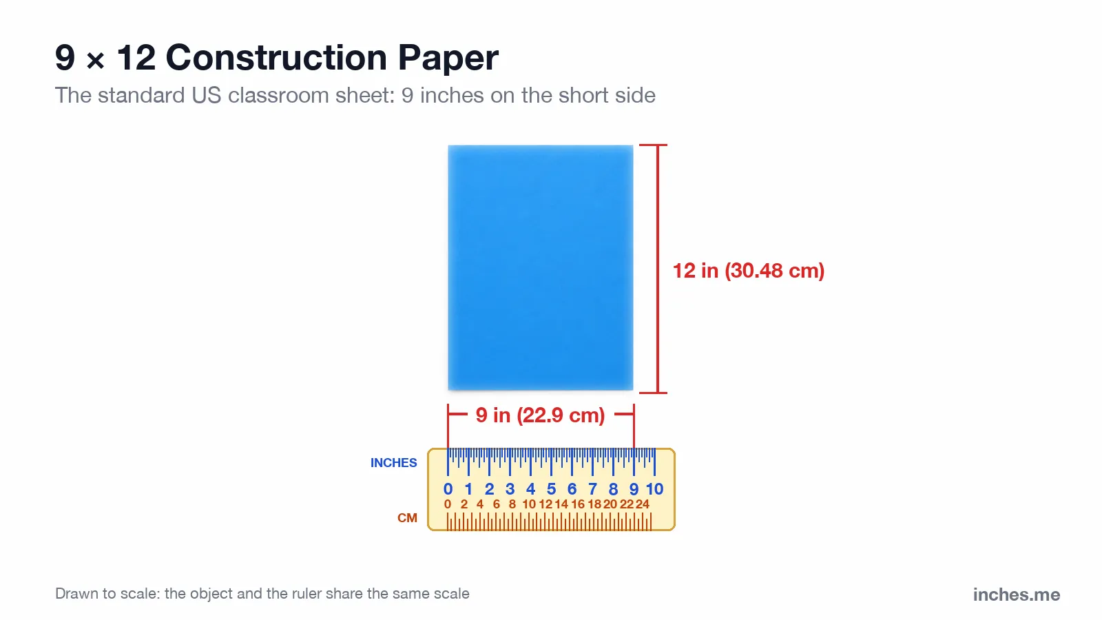Sheet of blue construction paper above a ruler, 9 inches wide and 12 inches tall
