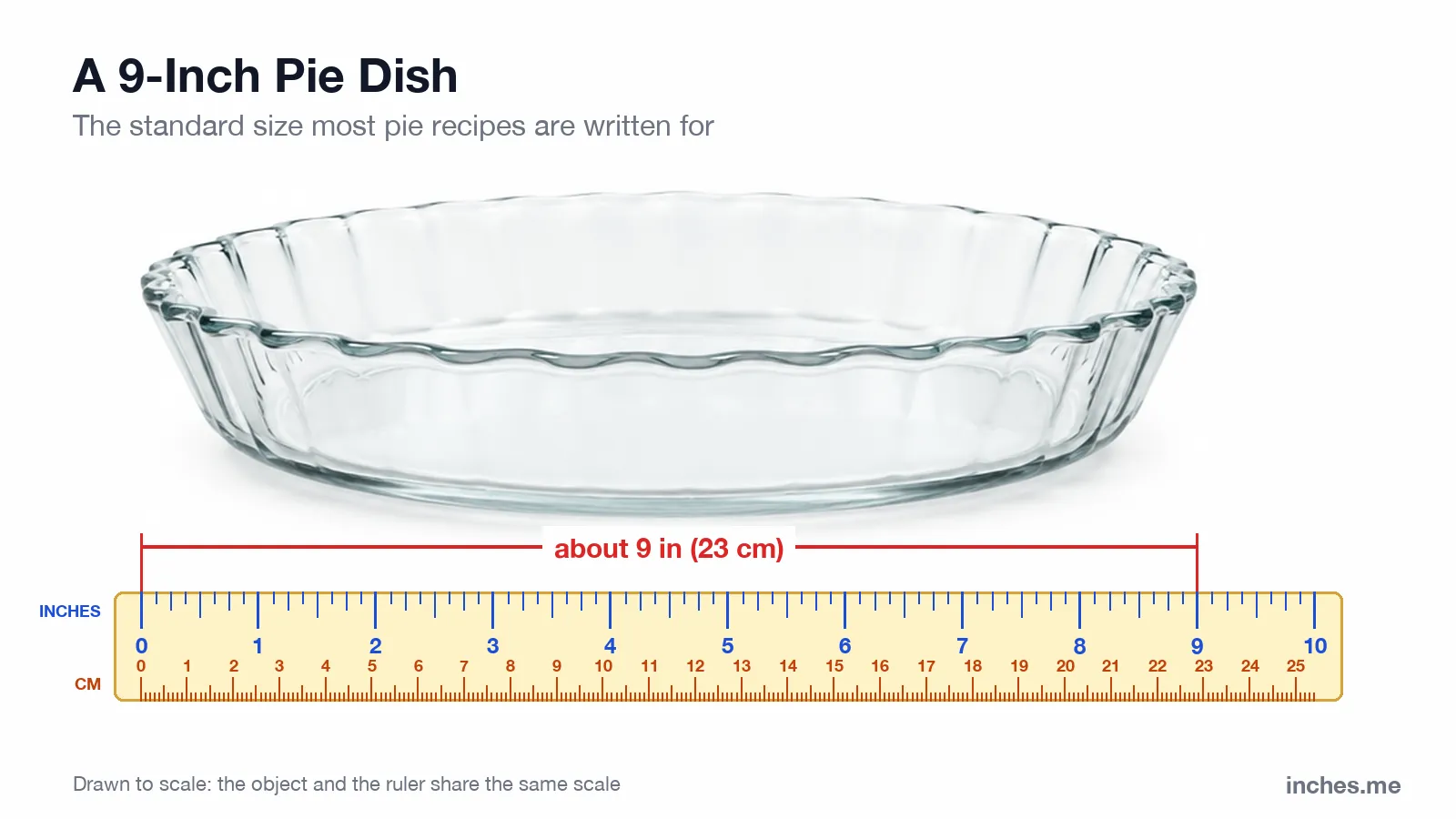 Clear glass pie dish with a fluted rim above a ruler, about 9 inches across