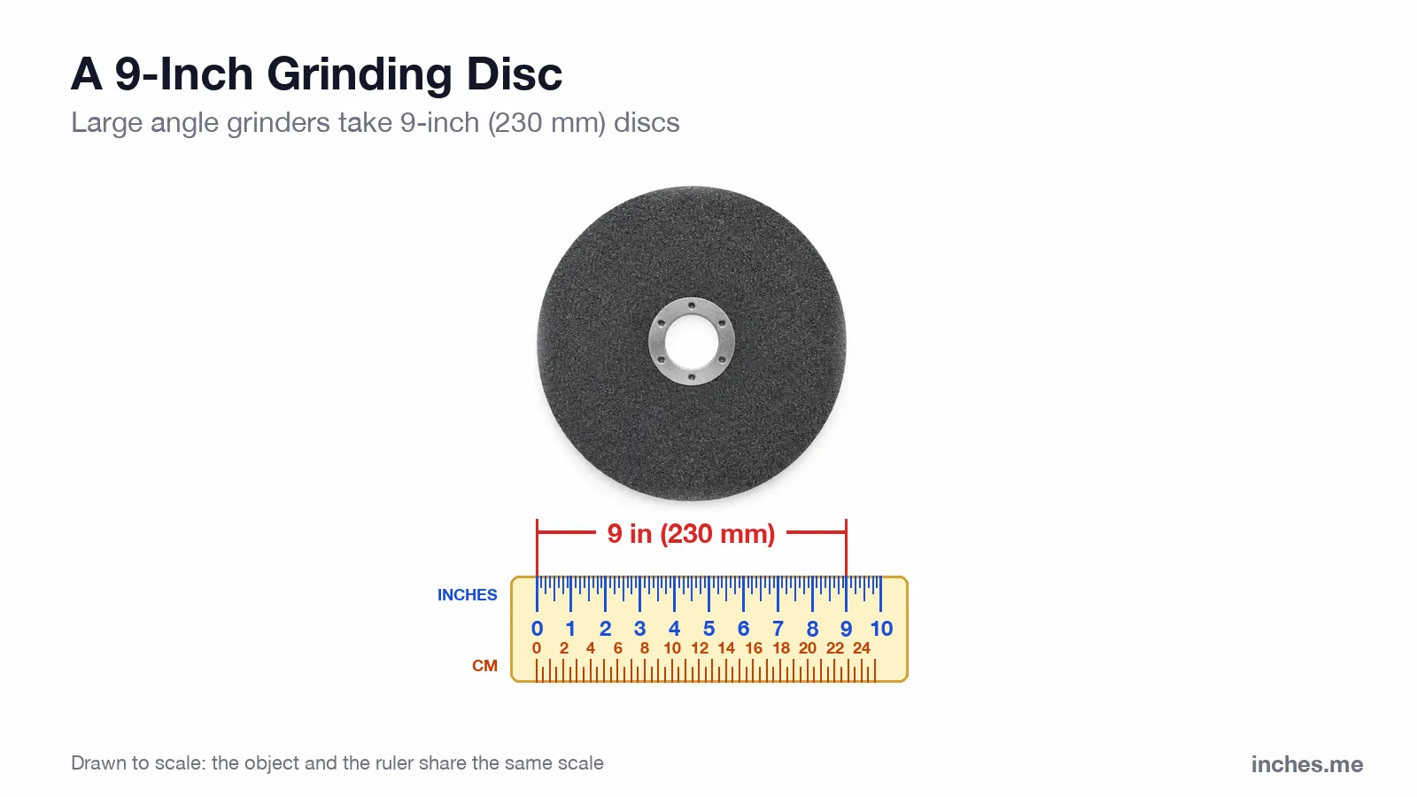 Dark grey abrasive grinding disc seen from above next to a ruler, 9 inches across