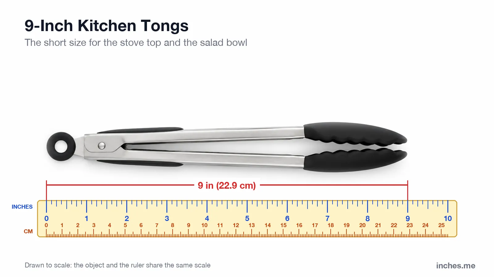 Stainless steel kitchen tongs with black silicone tips above a ruler, 9 inches long
