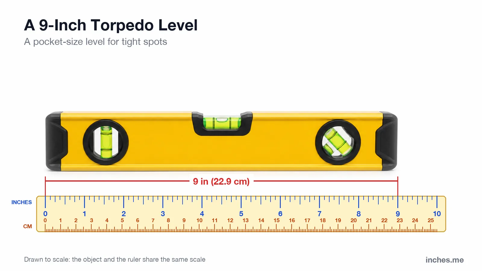 Yellow torpedo spirit level with three vials above a ruler, 9 inches long