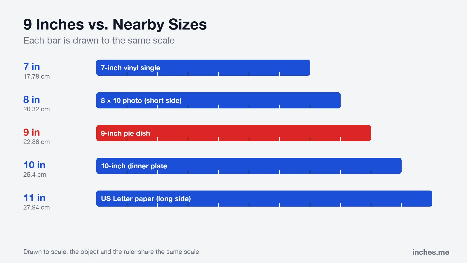 Bar chart drawn to scale comparing 7, 8, 9, 10 and 11 inches with a record, a photo, a pie dish, a dinner plate and a sheet of paper