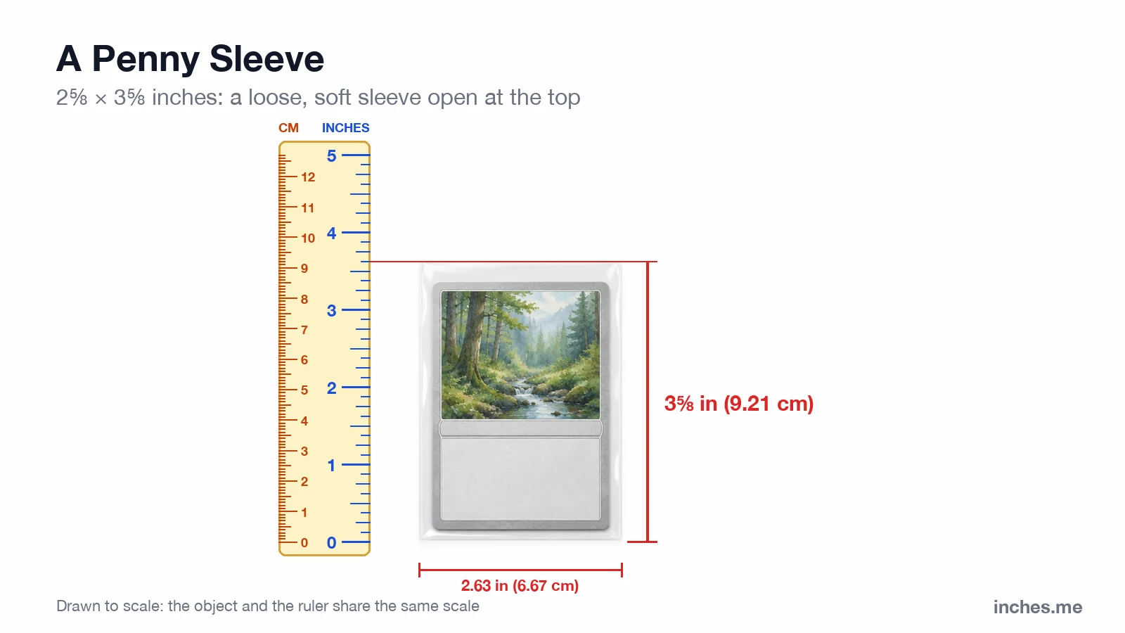 Trading card inside a clear soft penny sleeve next to a ruler, 3 5/8 inches (9.2 cm) tall