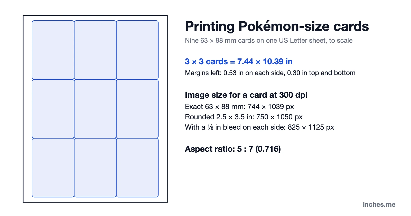 US Letter sheet drawn to scale with nine 63 × 88 mm cards in a 3 by 3 grid, plus pixel sizes=