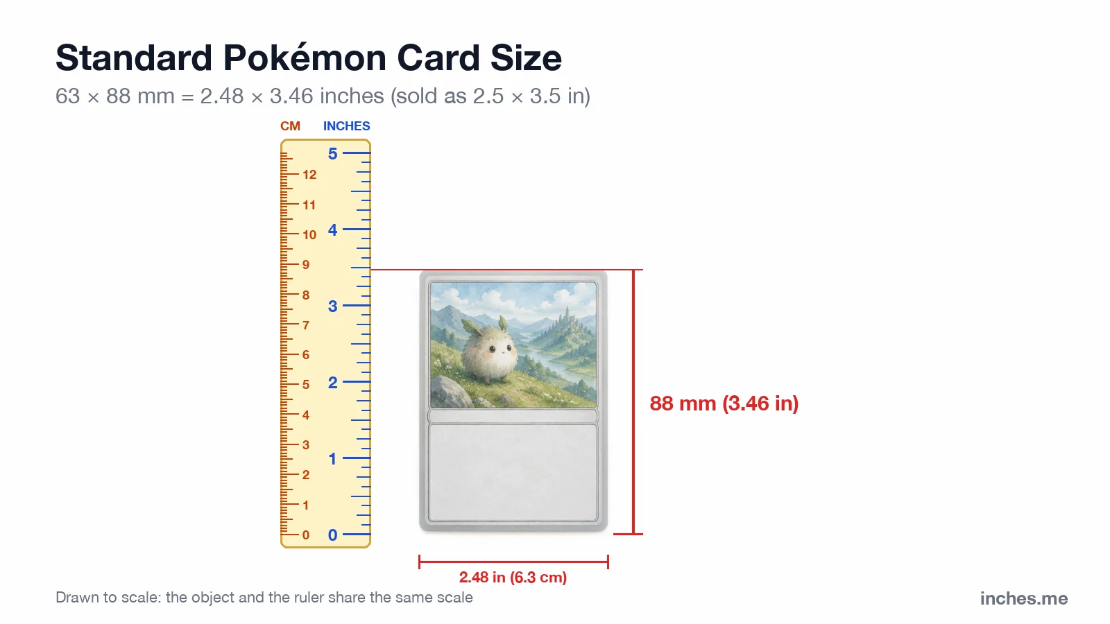 Trading card standing next to a ruler, 88 millimeters (3.46 inches) tall and 63 millimeters (2.48 inches) wide
