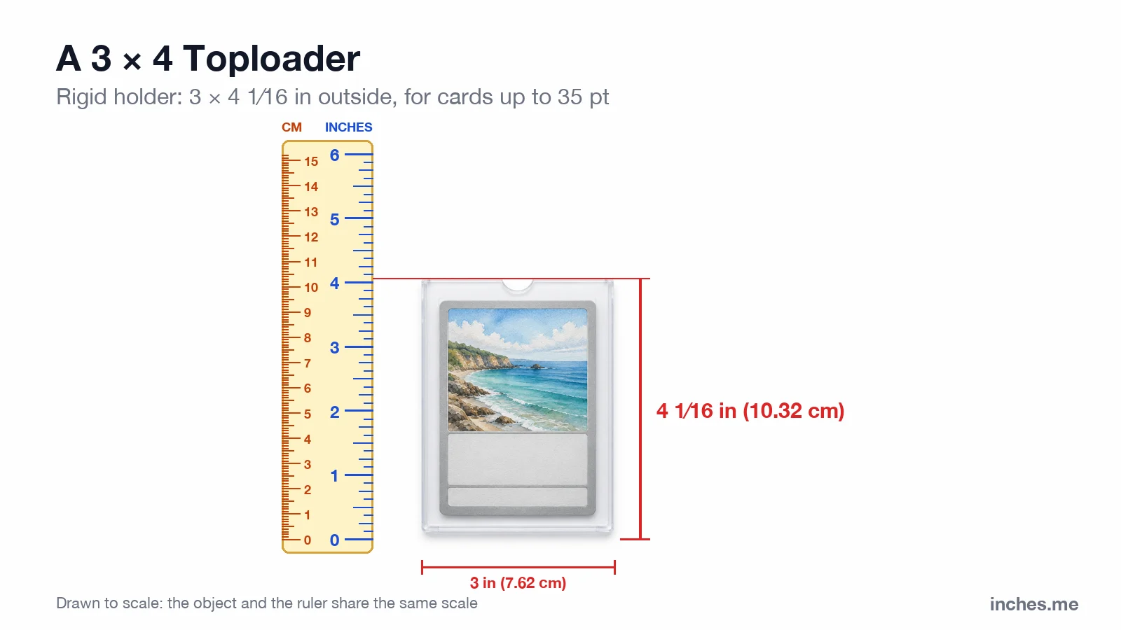 Trading card inside a rigid clear toploader next to a ruler, about 4 inches (10.3 cm) tall and 3 inches wide